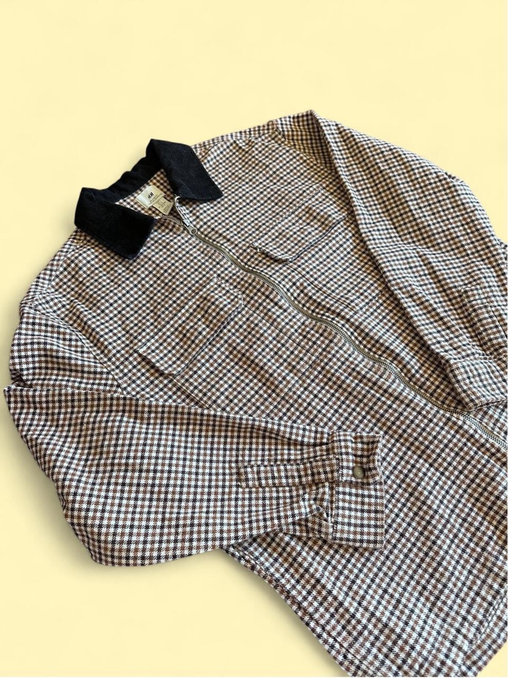 H&M Relaxed Fit Twill Checkered Jacket Men’s L Beige Brown Houndstooth Zip